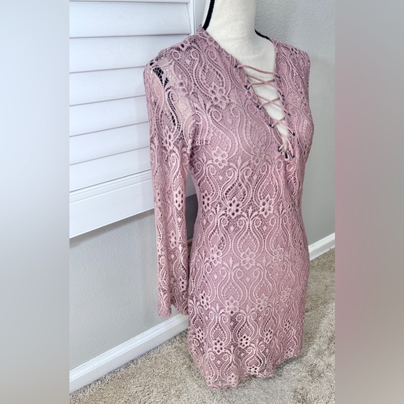 Womens Long Bell Sleeve Dress size M Pink Lace Up Fairy Cottage Coquette Midi - Picture 4 of 9